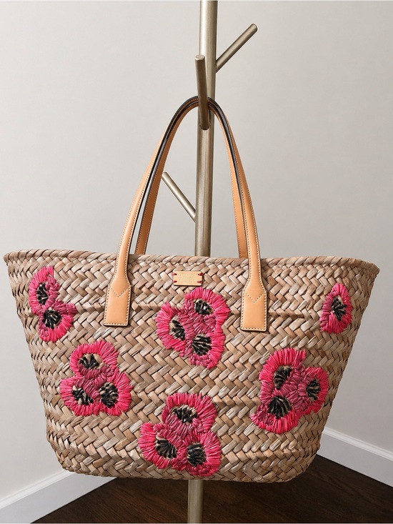 Frances Valentine Handbags - Frances Valentine Floral Straw Tote Beach Bag Leather Trim Pink Raffia
